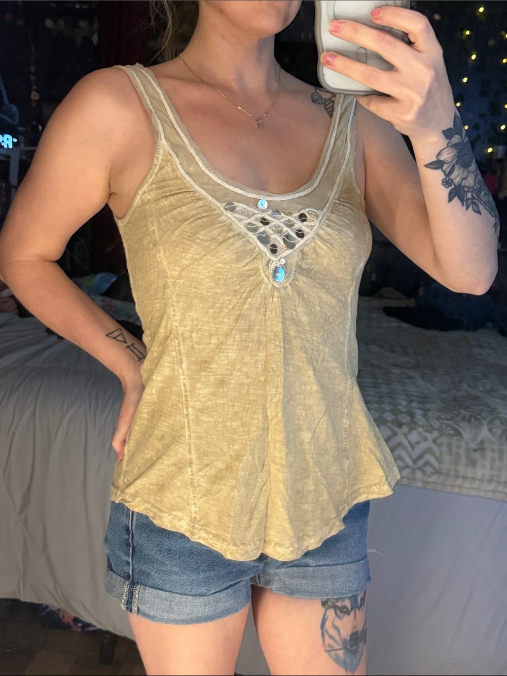 Free People Beige Embellished Lace-Inset Camisole